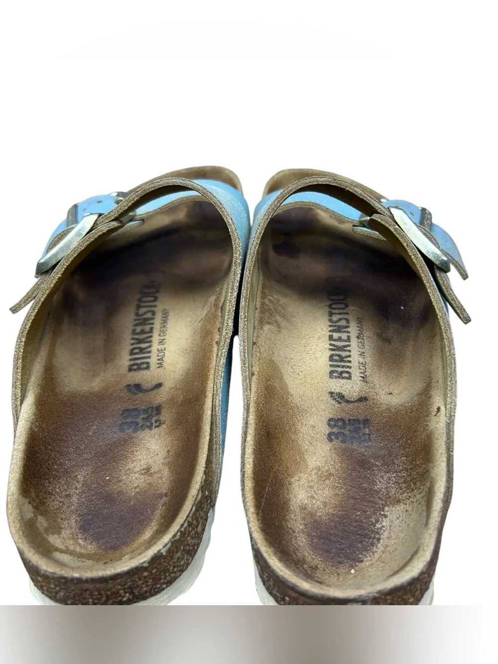 Birkenstock Womens Arizona Washed Metallic Aqua Suede Slides Sandals 38 EU/ 7 US